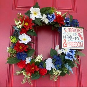Handmade Americana USA Patriotic Festive Red, White, and Blue Holiday Wreath